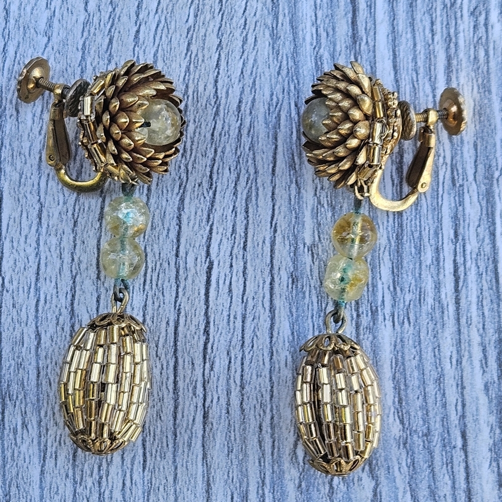 Miriam Haskell Earrings vintage Clips dangle drop beads Gold Tone